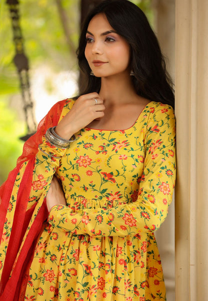 YELLOW RED COTTON ANARKALI SUIT SET