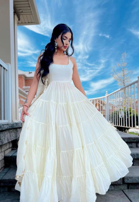 WHITE SILK TIERED ANARKALI SET