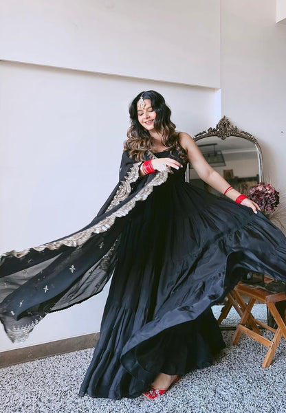BLACK SILK TIERED ANARKALI SET