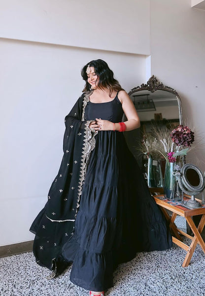 BLACK SILK TIERED ANARKALI SET