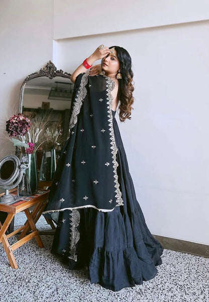 BLACK SILK TIERED ANARKALI SET