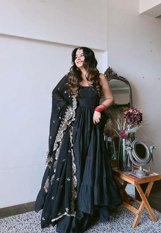 BLACK SILK TIERED ANARKALI SET