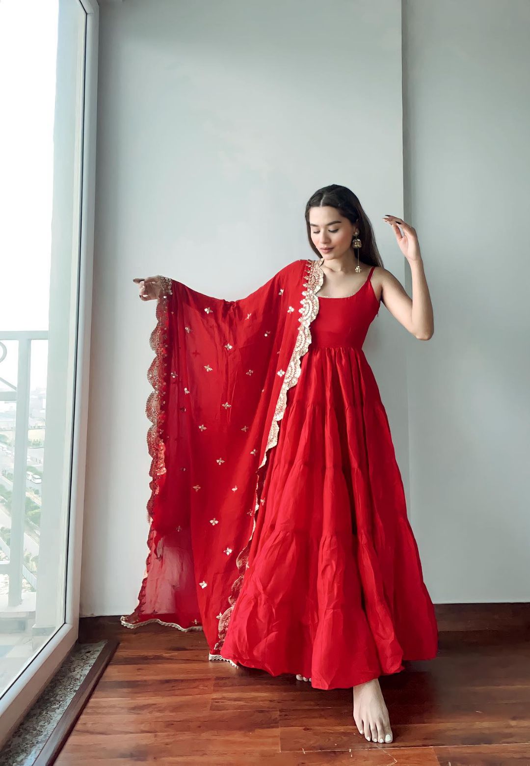 RED SILK TIERED ANARKALI SET