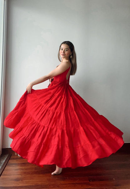RED SILK TIERED ANARKALI SET