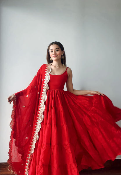 RED SILK TIERED ANARKALI SET