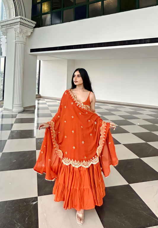 RUST ORANGE SILK TIERED ANARKALI SET