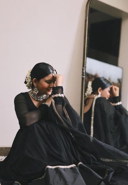 BLACK GOTA LACE CHIFFON ANARKALI SUIT SET