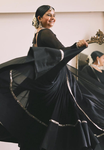 BLACK GOTA LACE CHIFFON ANARKALI SUIT SET