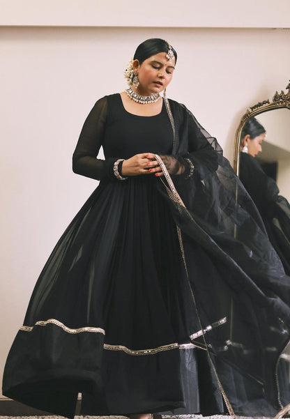 BLACK GOTA LACE CHIFFON ANARKALI SUIT SET