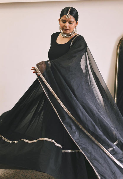 BLACK GOTA LACE CHIFFON ANARKALI SUIT SET
