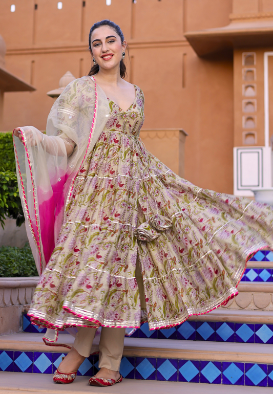 BEIGE FLORAL TANIMA CHANDERI SUIT SET