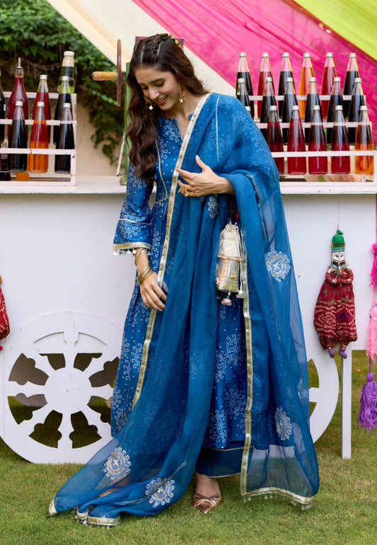 BLUE BANDHANI CHANDERI SUIT SET