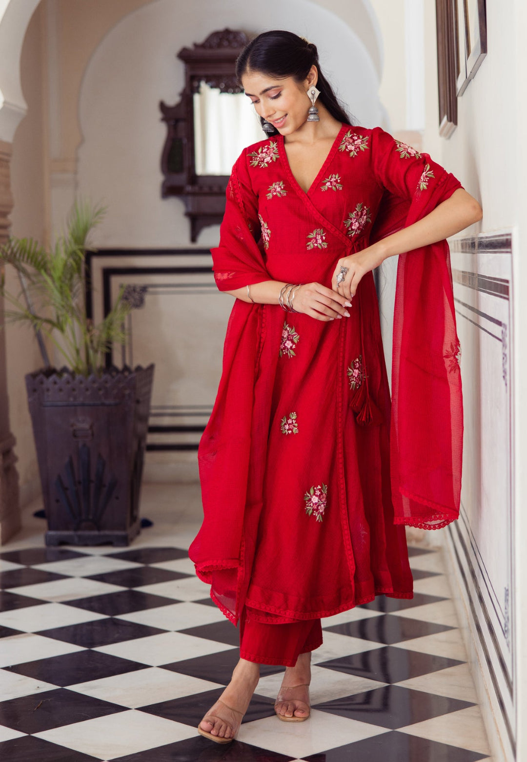 RED RUBY EMBROIDERED COTTON DORIA SUIT SET