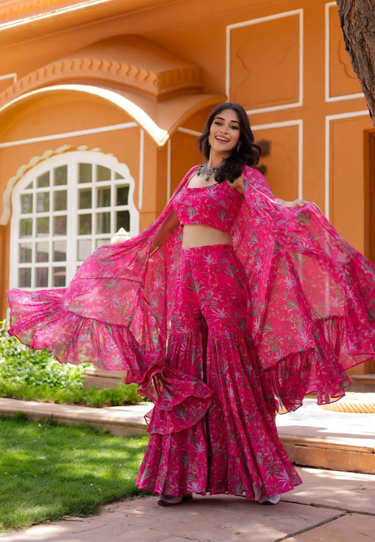 PINK PREET GEORGETTE CAPE SHARARA SET