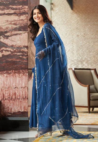 BLUE ARADHNA EMBROIDERED GEORGETTE SUIT SET
