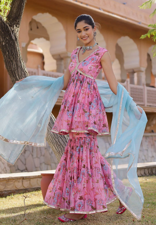 PINK BLUE IDAYA CHANDERI SHARARA SET