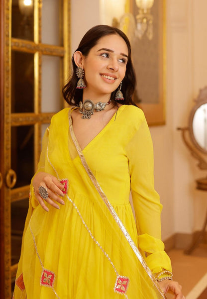 YELLOW FALAK GOTAPATTI GEORGETTE SUIT SET