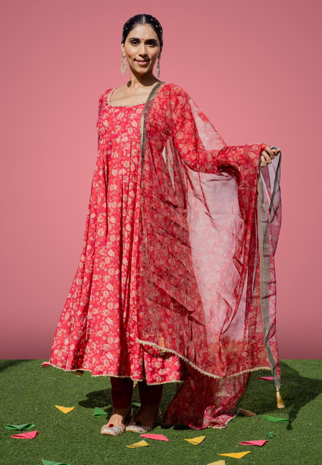 RED MEFIL ANARKALI COTTON SILKSUIT SET