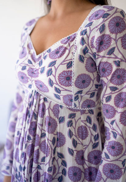 PURPLE WHITE COTTON ANARKALI SUIT SET