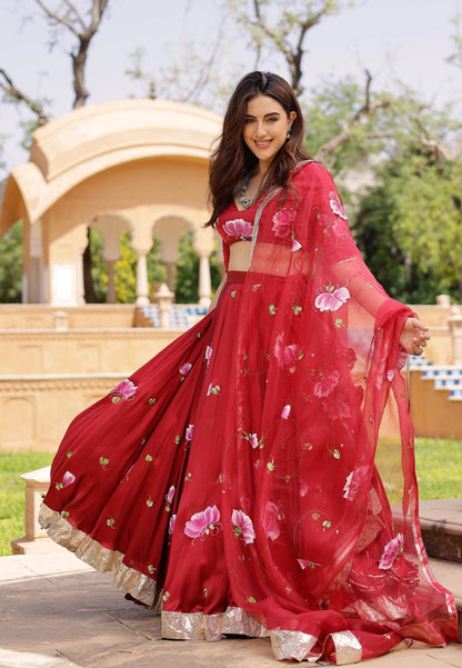 RED GULSHEEN HANDPAINTED SATIN LEHENGA SET