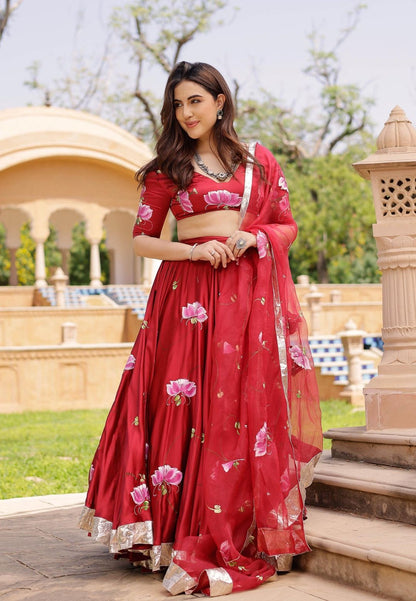 RED GULSHEEN HANDPAINTED SATIN LEHENGA SET