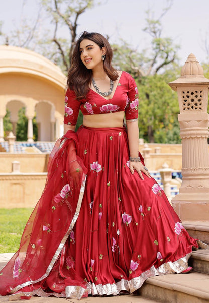 RED GULSHEEN HANDPAINTED SATIN LEHENGA SET