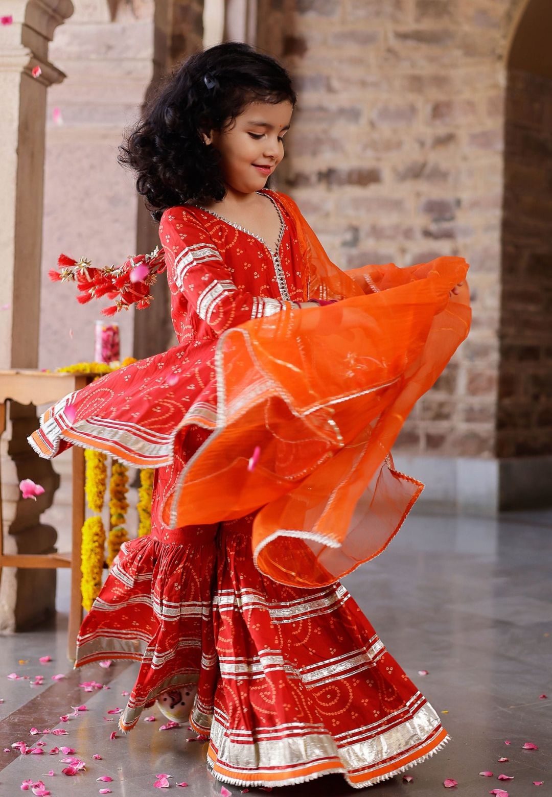 RED ORANGE COTTON BANDHEJ SHARARA SET