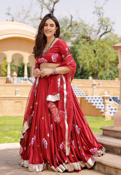 RED GULSHEEN HANDPAINTED SATIN LEHENGA SET