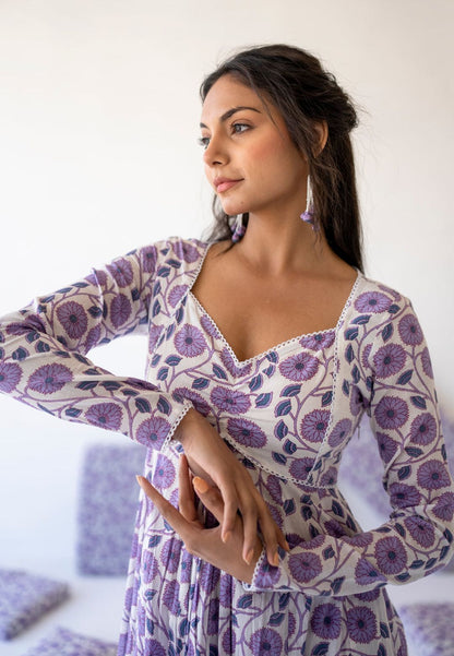 PURPLE WHITE COTTON ANARKALI SUIT SET