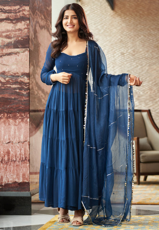 BLUE ARADHNA EMBROIDERED GEORGETTE SUIT SET