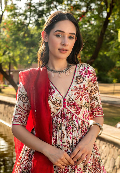 RED WHITE MAHUA COTTON SUIT SET