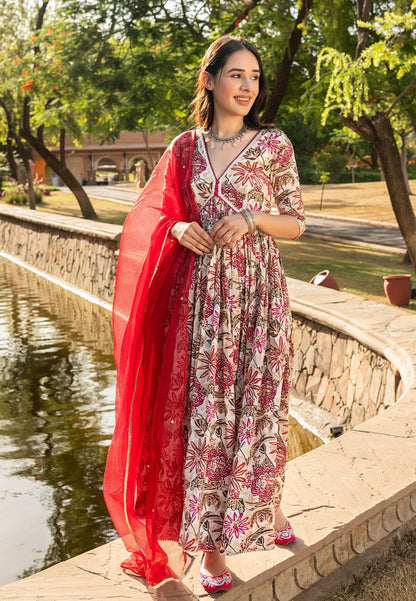 RED WHITE MAHUA COTTON SUIT SET