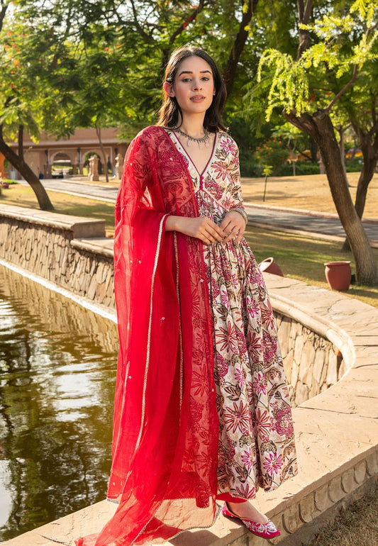 RED WHITE MAHUA COTTON SUIT SET