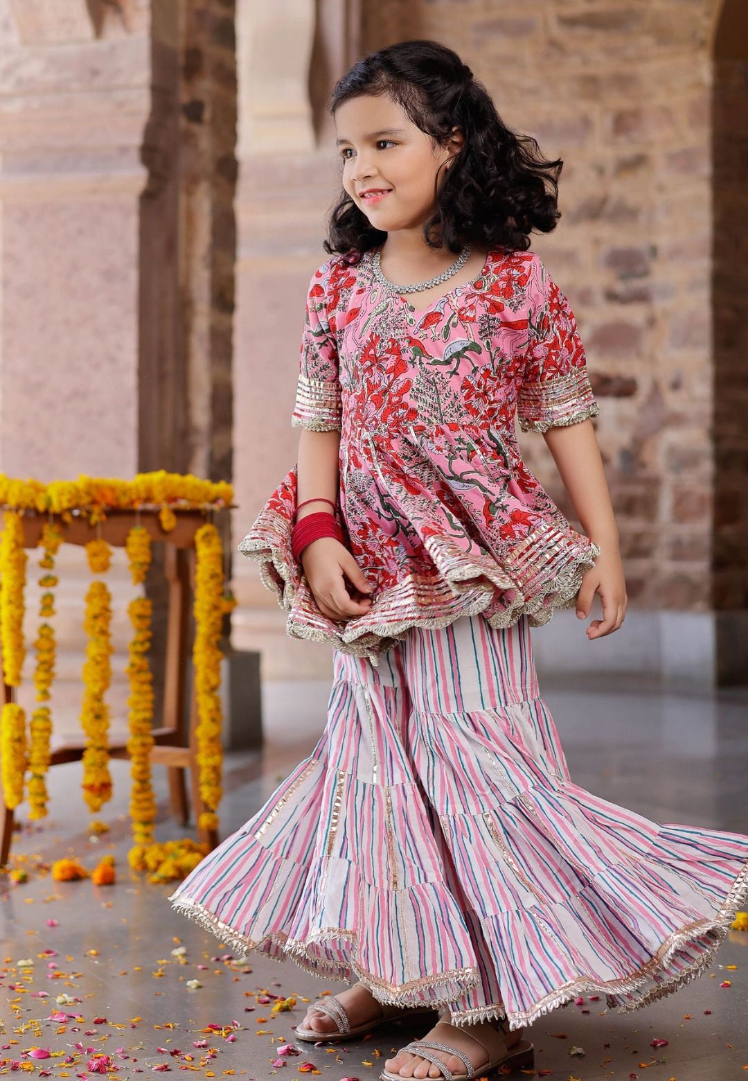 PINK  HANDBLOCK GOTA SHARARA SET