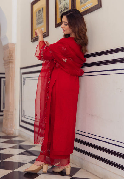 RADHIKA RED EMBROIDERED CHANDERI SUIT SET