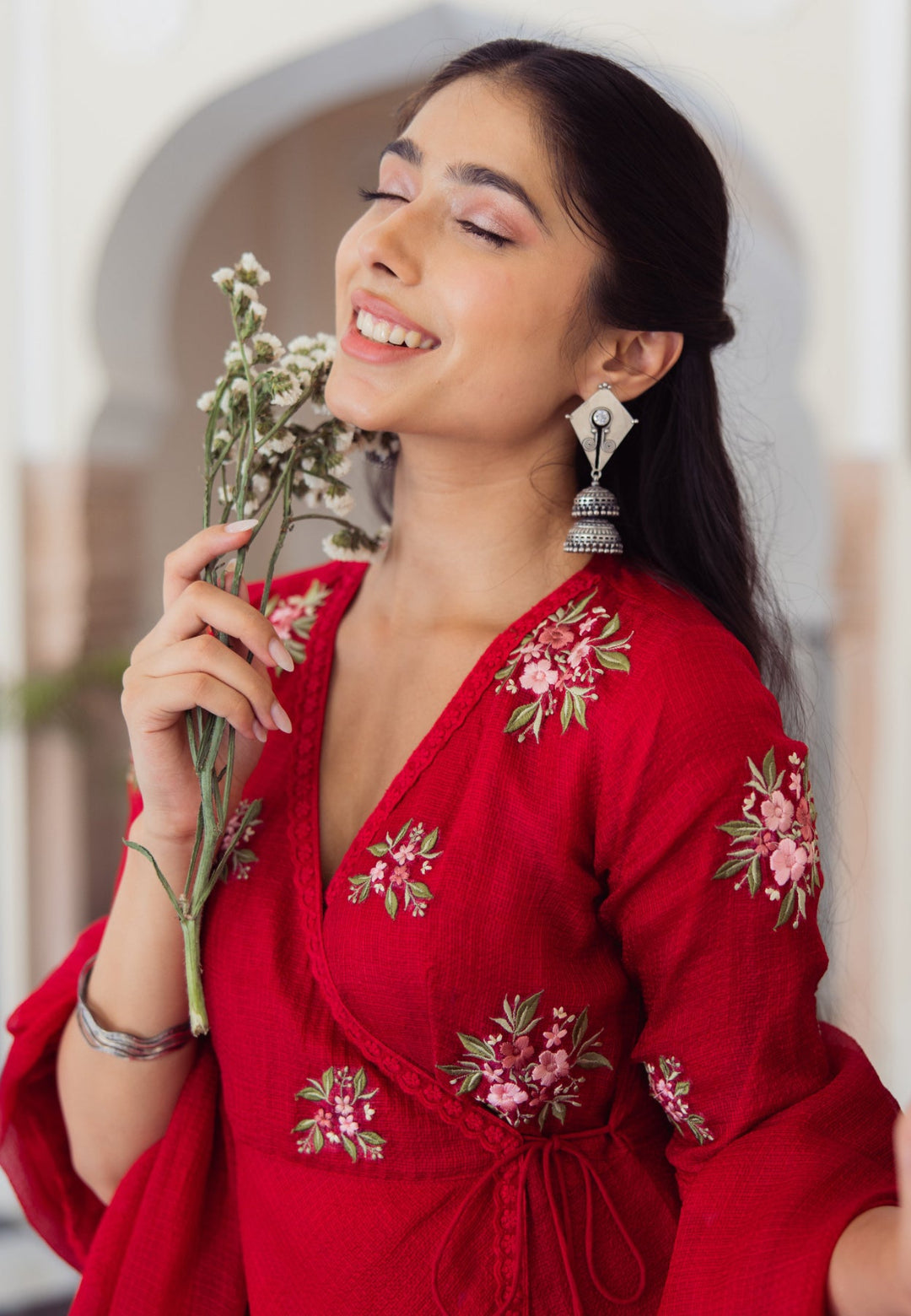 RED RUBY EMBROIDERED COTTON DORIA SUIT SET
