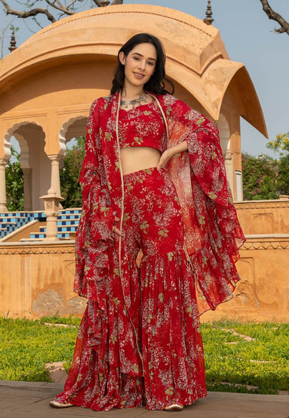 DEEP RED OVIYA GEORGETTE CAPE SHARARA SET