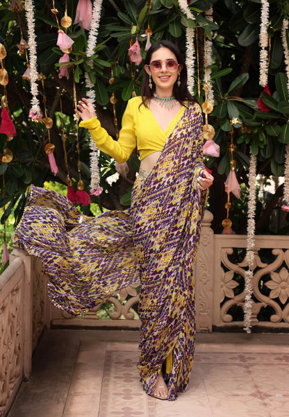 YELLOW PURPLE CHINON PRE DRAPED SAREE