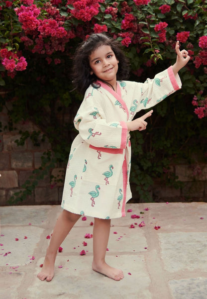WHITE PINK FUNSHINE SWAN COTTON BATHROBE