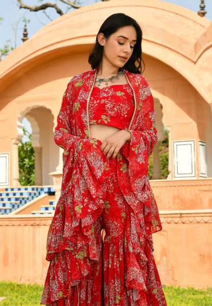 DEEP RED OVIYA GEORGETTE CAPE SHARARA SET