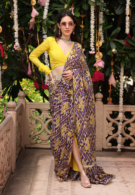 YELLOW PURPLE CHINON PRE DRAPED SAREE