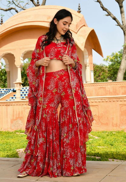DEEP RED OVIYA GEORGETTE CAPE SHARARA SET