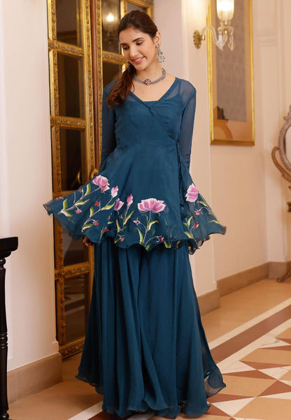 BLUE KAASNI HANDPAINTED ORGANZA SHARARA SET