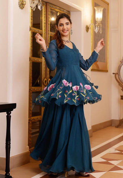 BLUE KAASNI HANDPAINTED ORGANZA SHARARA SET