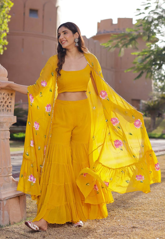 YELLOW KAMLIKA HANDPAINTED GEORGETTE CAPE SHARARA SET