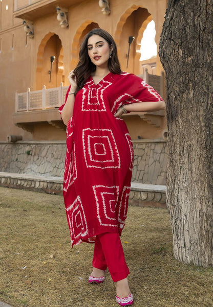 RED MABEL SILK TIE & DYE KURTA SET