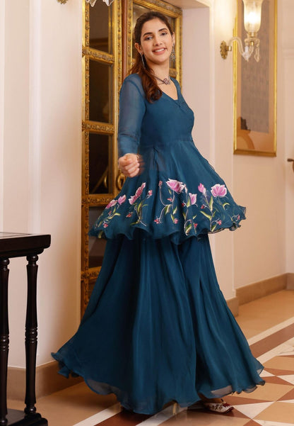 BLUE KAASNI HANDPAINTED ORGANZA SHARARA SET