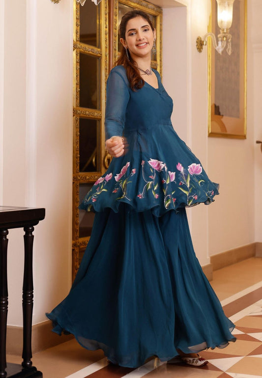 BLUE KAASNI HANDPAINTED ORGANZA SHARARA SET