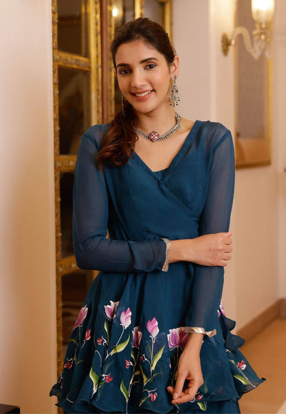 BLUE KAASNI HANDPAINTED ORGANZA SHARARA SET
