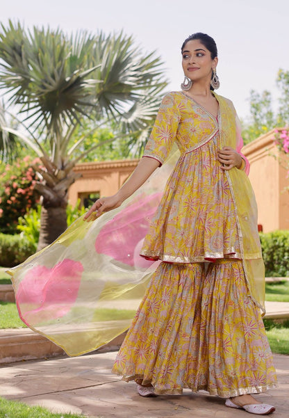 YELLOW MOHINI CHANDERI SHARARA SET